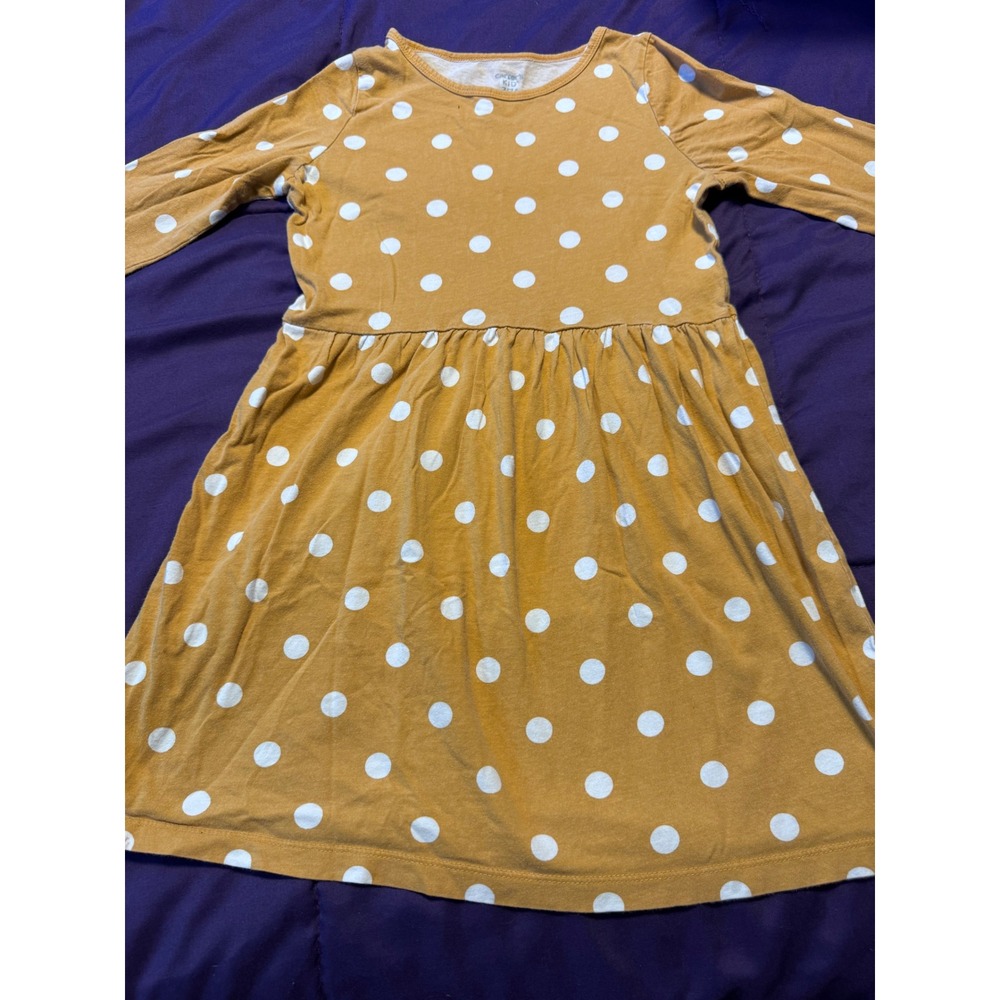Carters Kid Girls Mustard Yellow Polka Dot Long Sleeve Cotton Dress Size 7 7A